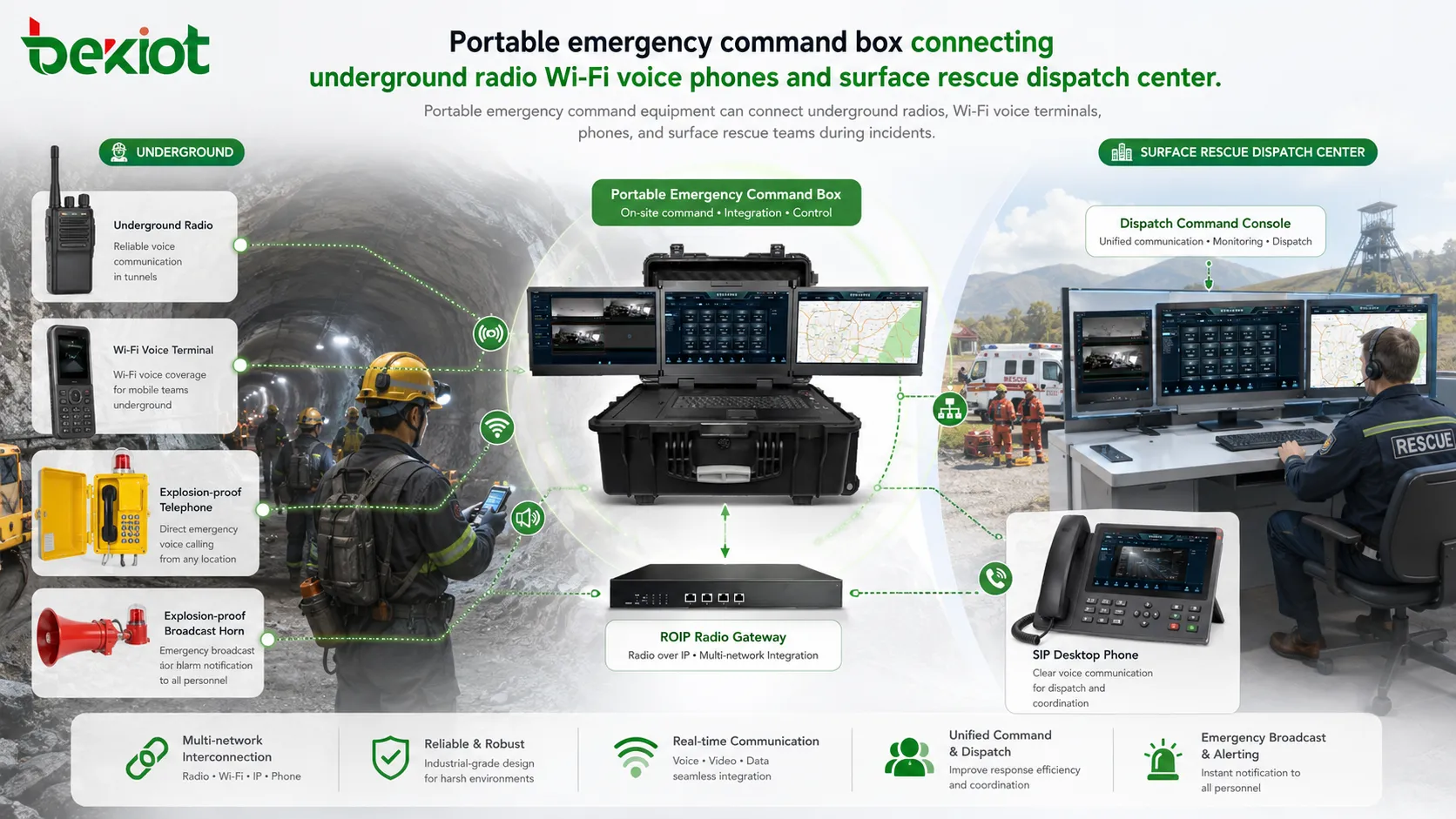Boîtier de commandement d’urgence portable connectant la radio souterraine, les téléphones voix Wi-Fi et le centre de répartition des secours en surface