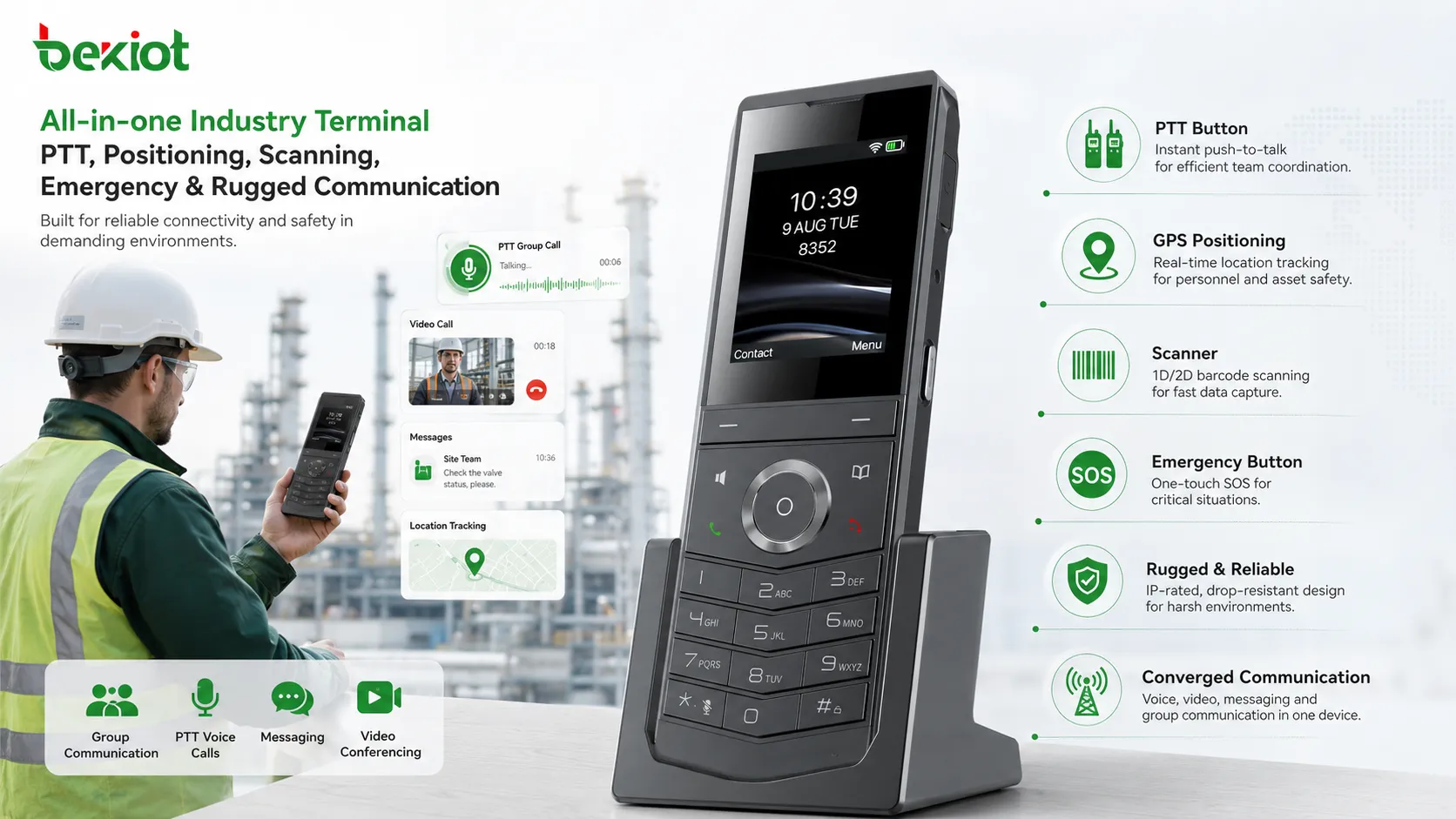 Terminal industriel avec bouton PTT, positionnement GPS, scanner, bouton d’urgence et fonctions de communication robustes