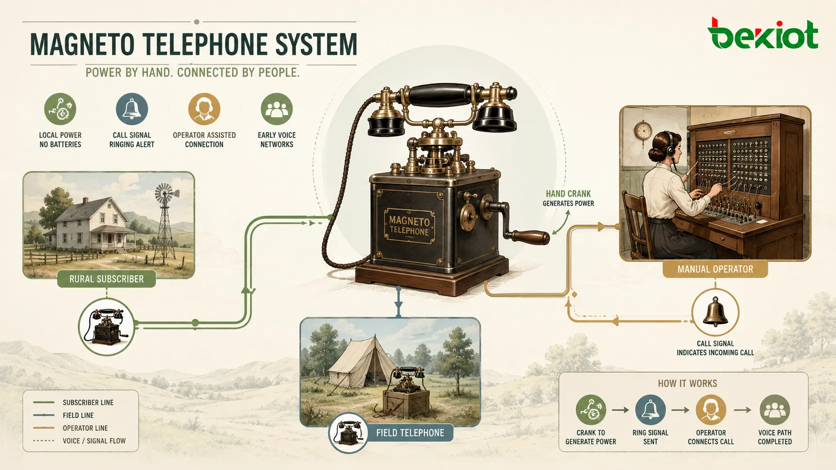 Système historique à magnéto reliant usagers ruraux, téléphones de terrain et standard opérateur