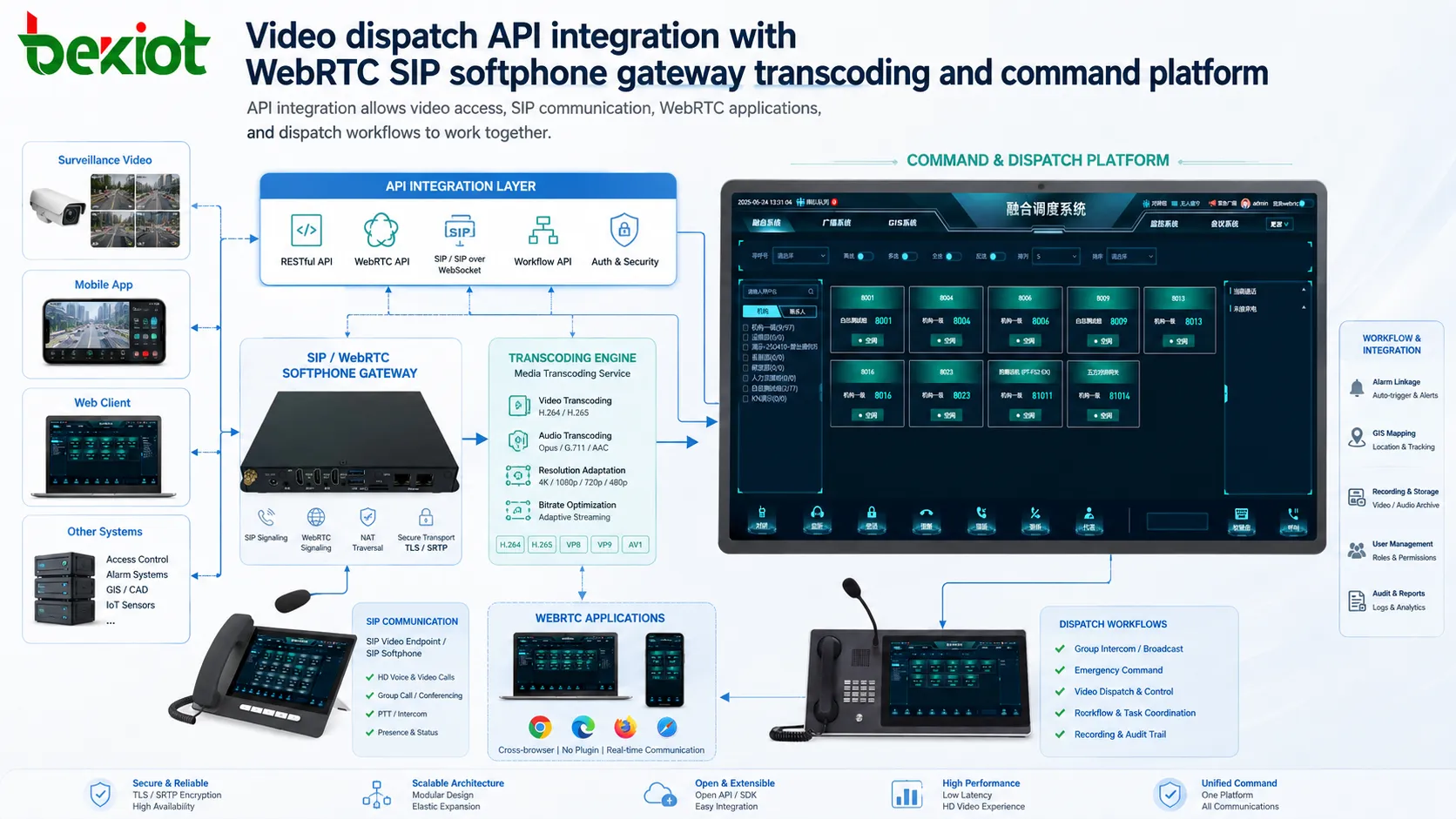 Intégration API de répartition vidéo avec WebRTC softphone SIP passerelle transcodage et plateforme de commandement