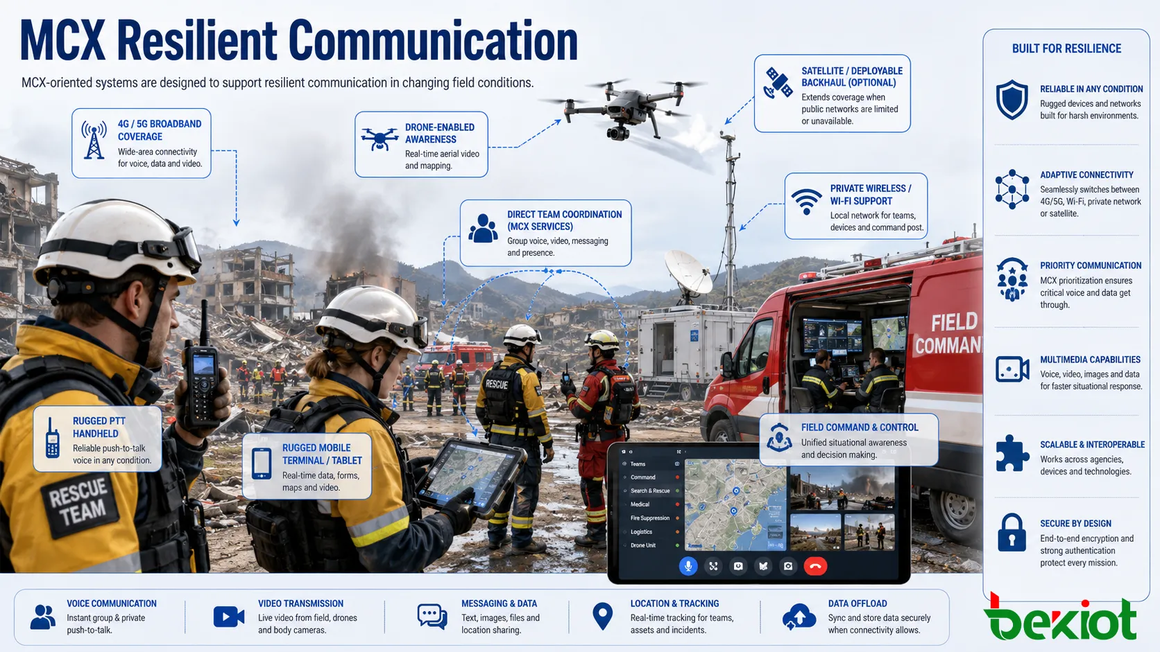 Communication MCX résiliente soutenant l’intervention d’urgence sur le terrain la couverture haut débit et la coordination directe des équipes