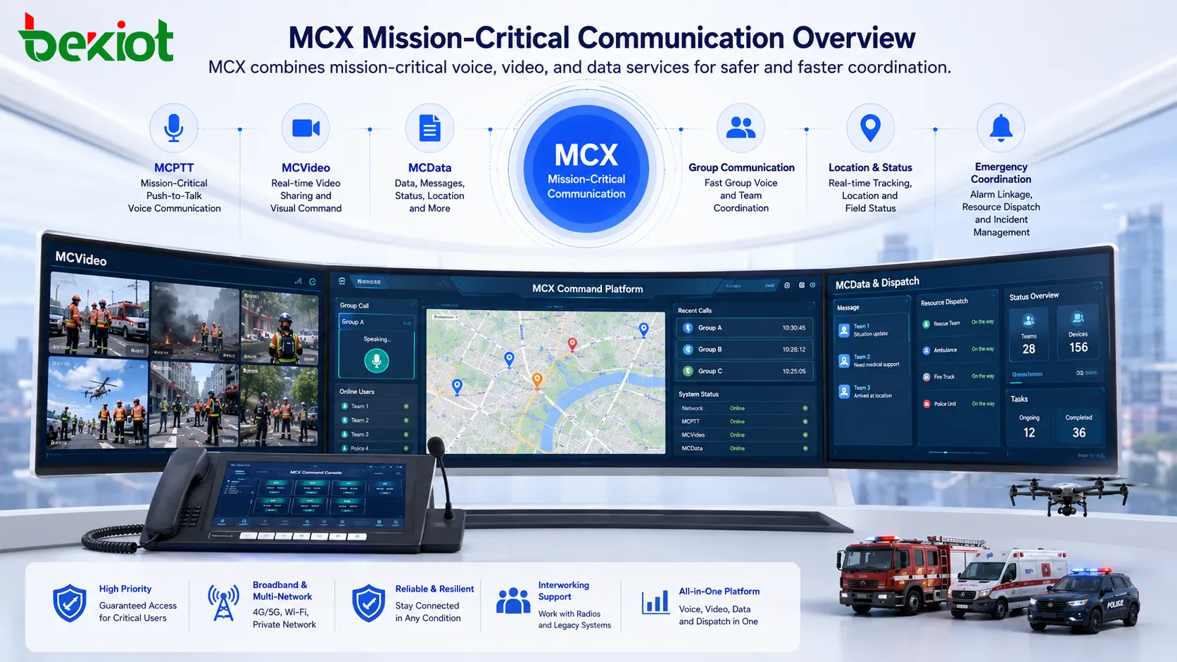 Plateforme de commandement vidéo MCX intégrant vidéo de terrain console de répartition carte SIG et communication d’urgence