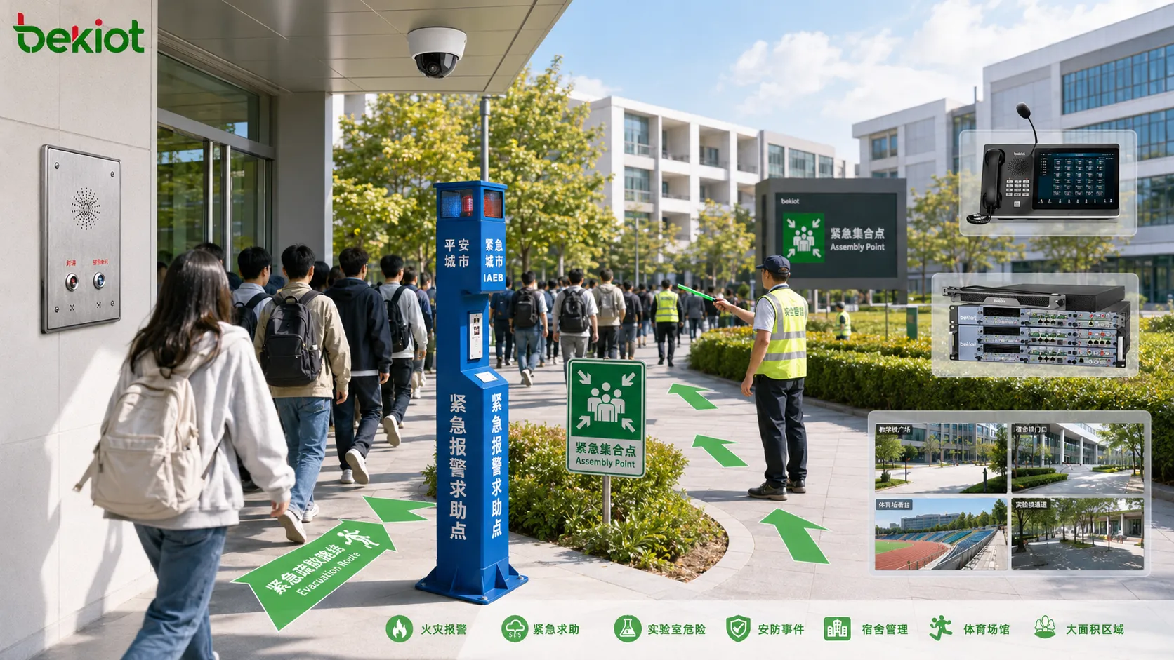 Applications d’évacuation dans une usine, un hôpital, une station de transport, un campus, un bâtiment commercial et un lieu public