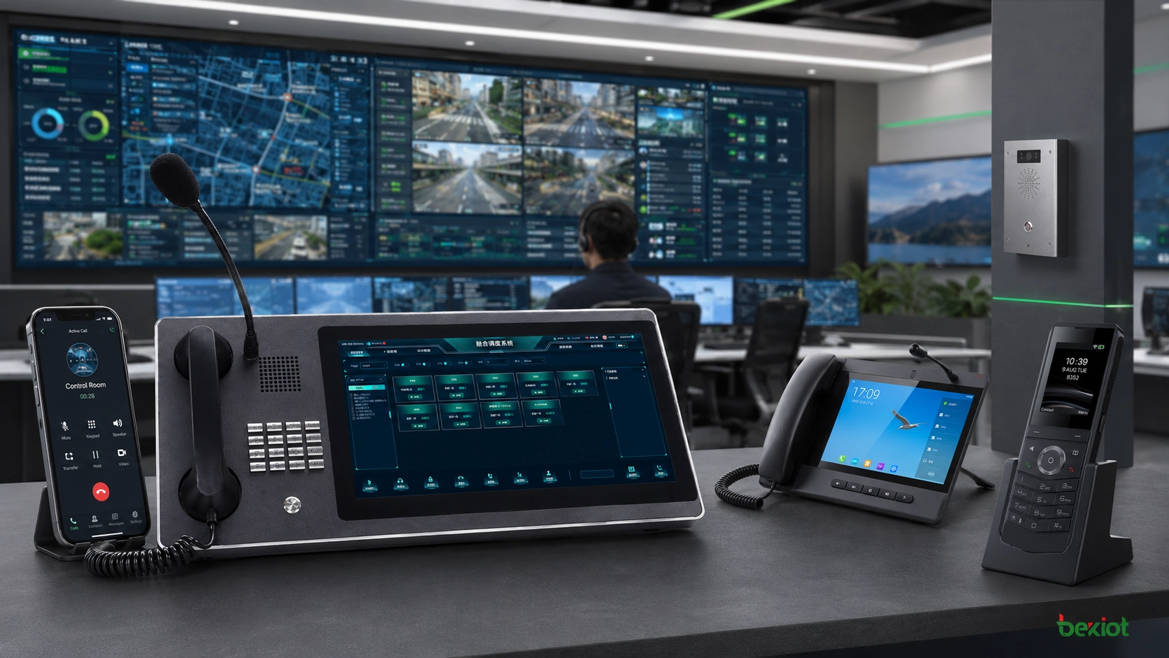 Console de répartition avec contrôle multi-écrans, application mobile, téléphones SIP et terminaux robustes pour centre de commandement audio et vidéo