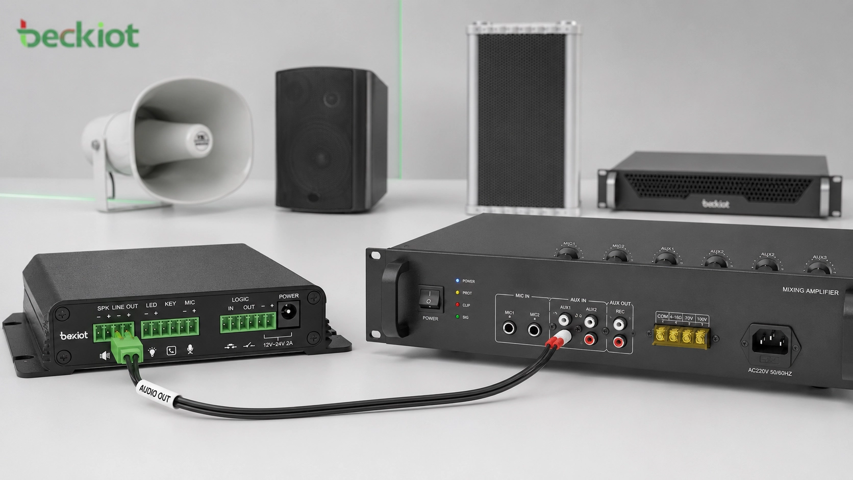 Amplificateur PA traditionnel avec entrée RCA connecté à la sortie audio par bornier Phoenix d’une passerelle de paging SIP