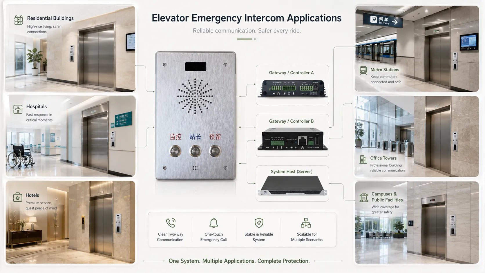 Applications d’interphone d’urgence d’ascenseur dans résidentiel hôexigenceal hôtel métro et tour de bureaux