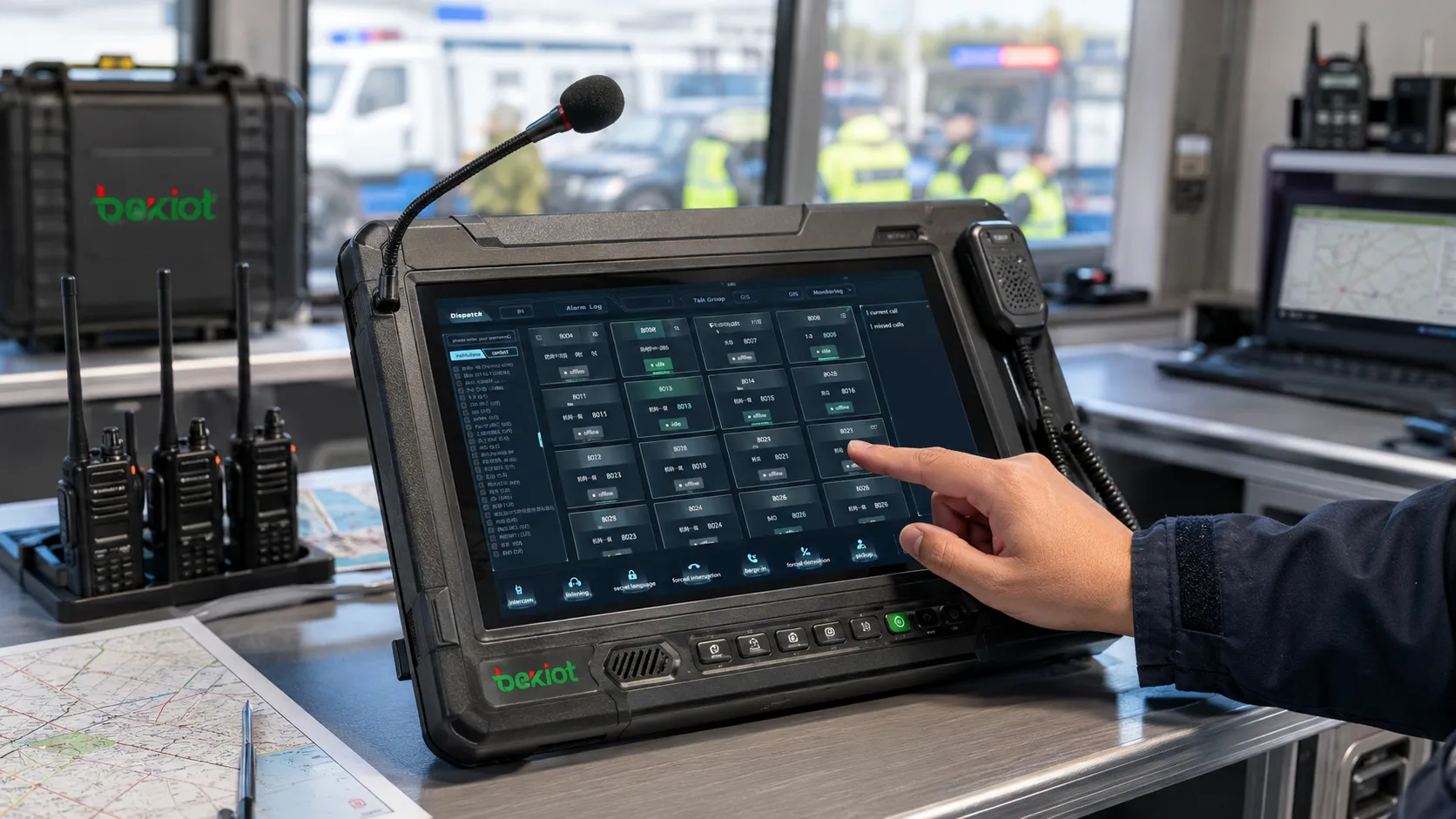 Console portable de dispatch vocal gérant des groupes radio temporaires avec panneau tactile dans un poste de commandement d’urgence