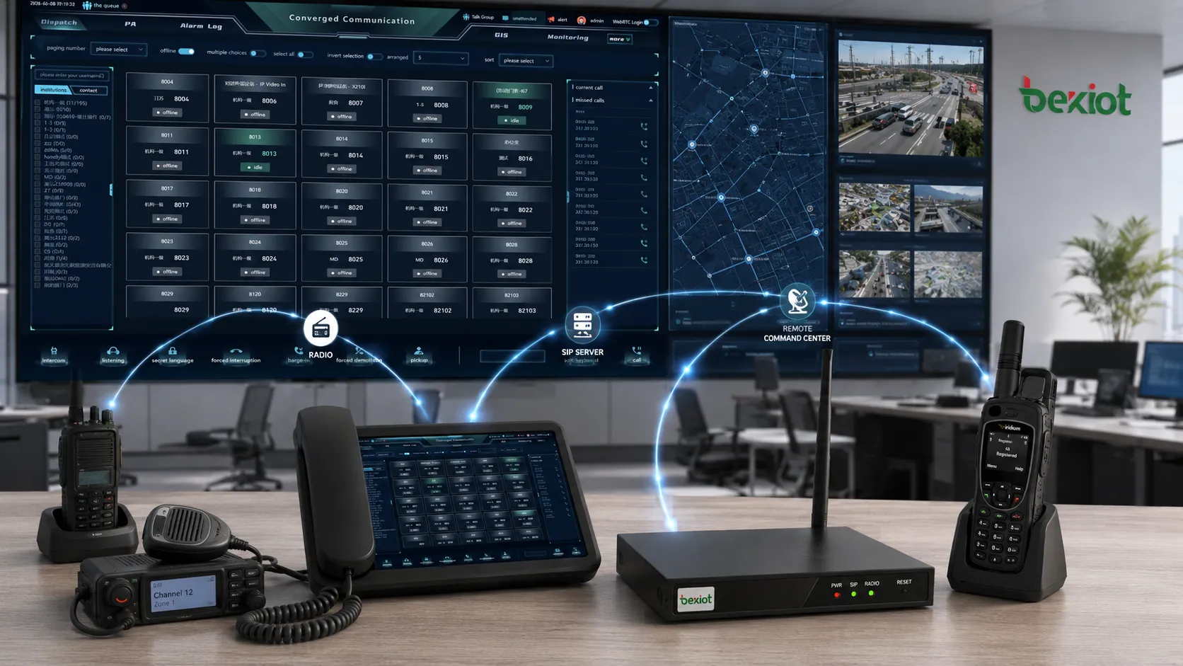 Architecture d’intégration avec passerelle RoIP console portable de dispatch vocal serveur SIP téléphone satellite et centre de commandement distant