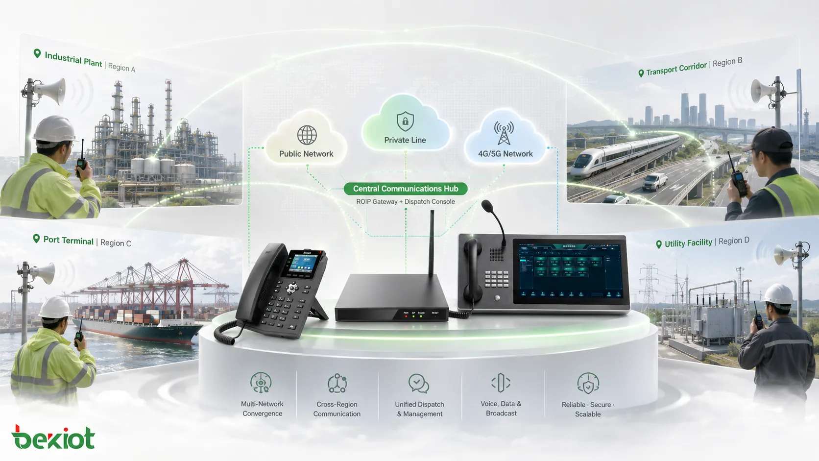Communication radio inter-régionale étendue via réseau public, ligne privée et réseau 4G/5G par passerelle