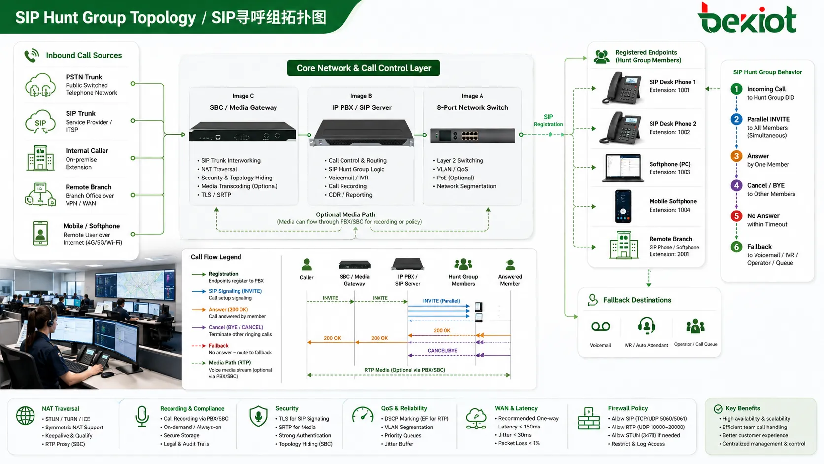 Topologie SIP de groupe d’appel avec IP PBX serveur SIP SBC agences distantes softphones et téléphones de bureau