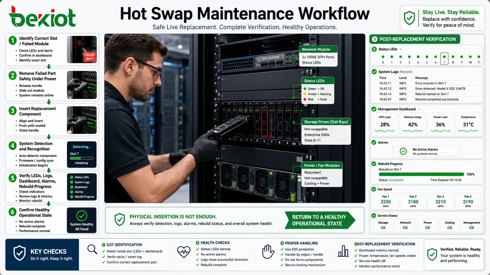 Technicien de bureau effectuant une maintenance hot swap avec serveur en rack étiqueté, disque de stockage et indicateurs de module réseau