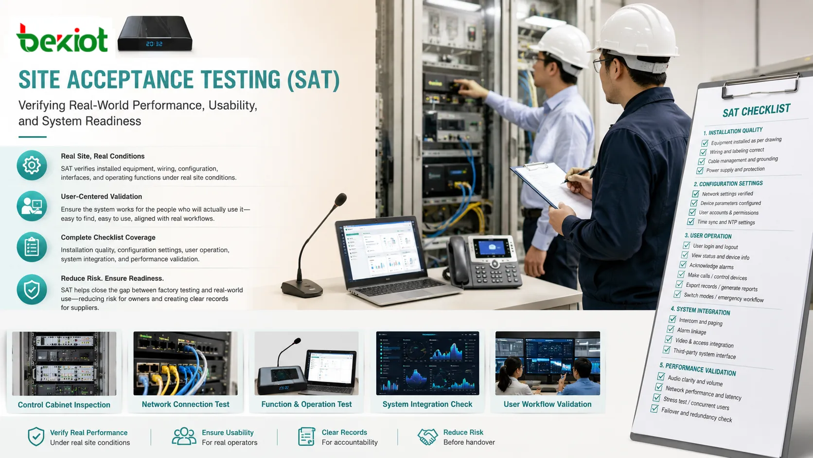 Liste de contrôle Site Acceptance Testing couvrant qualité d’installation configuration exploitation utilisateur et vérification d’intégration