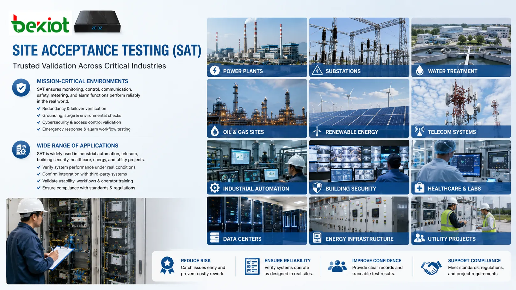 Applications du Site Acceptance Testing dans l’automatisation industrielle les télécommunications la sécurité de bâtiment la santé et les projets d’énergie et de services publics
