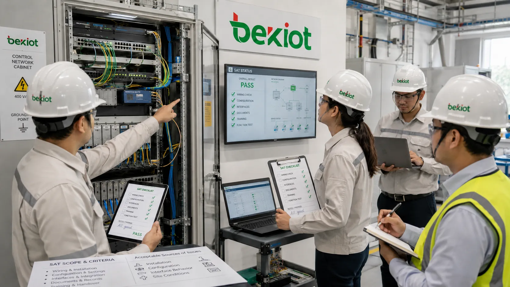 Équipe de Site Acceptance Testing vérifiant des équipements installés une armoire de contrôle une connexion réseau et une liste de projet