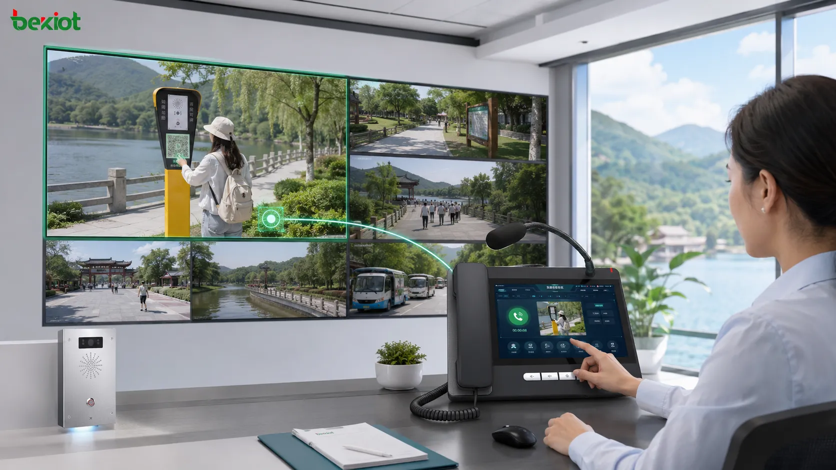 Console de répartition recevant un appel d’urgence par interphone avec vidéo de surveillance liée provenant d’un site touristique