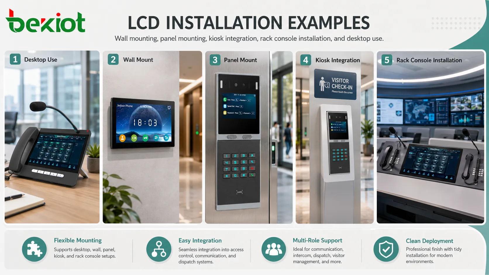 Options d’installation LCD incluant montage mural VESA, montage en panneau, intégration de kiosque, console rack et moniteur de bureau