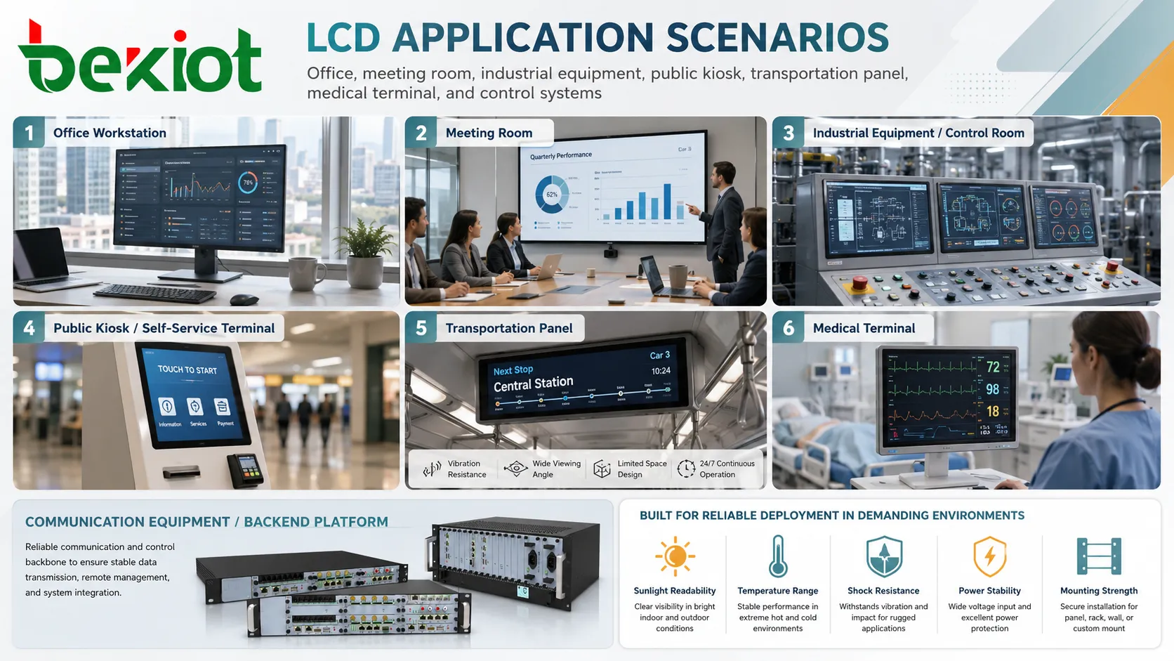 Applications LCD dans une salle de réunion, un équipement industriel, un kiosque public, un panneau de transport et un terminal médical