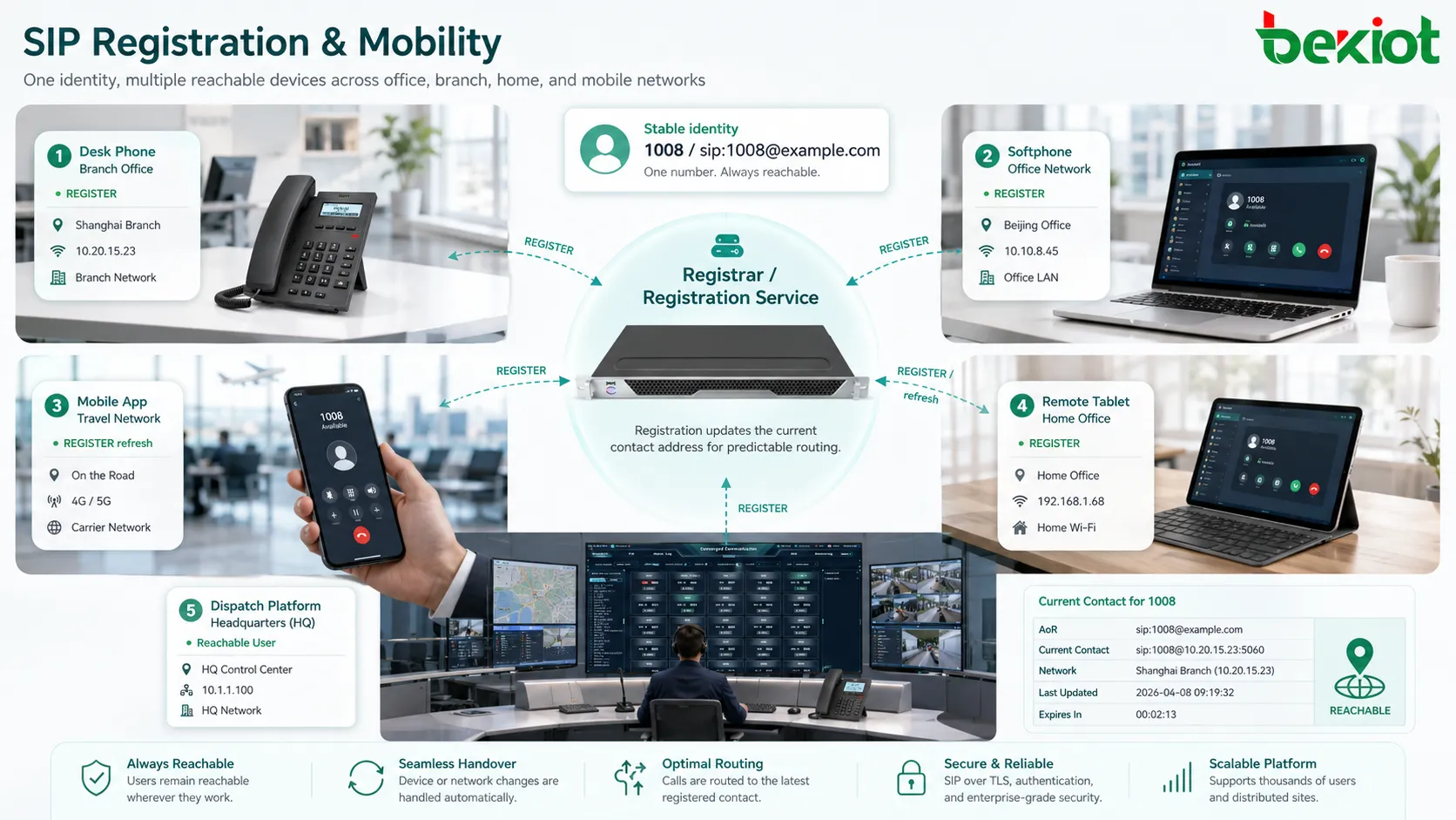 Enregistrement SIP prenant en charge la mobilité entre téléphone de bureau softphone ordinateur portable application mobile réseau de succursale et utilisateur distant