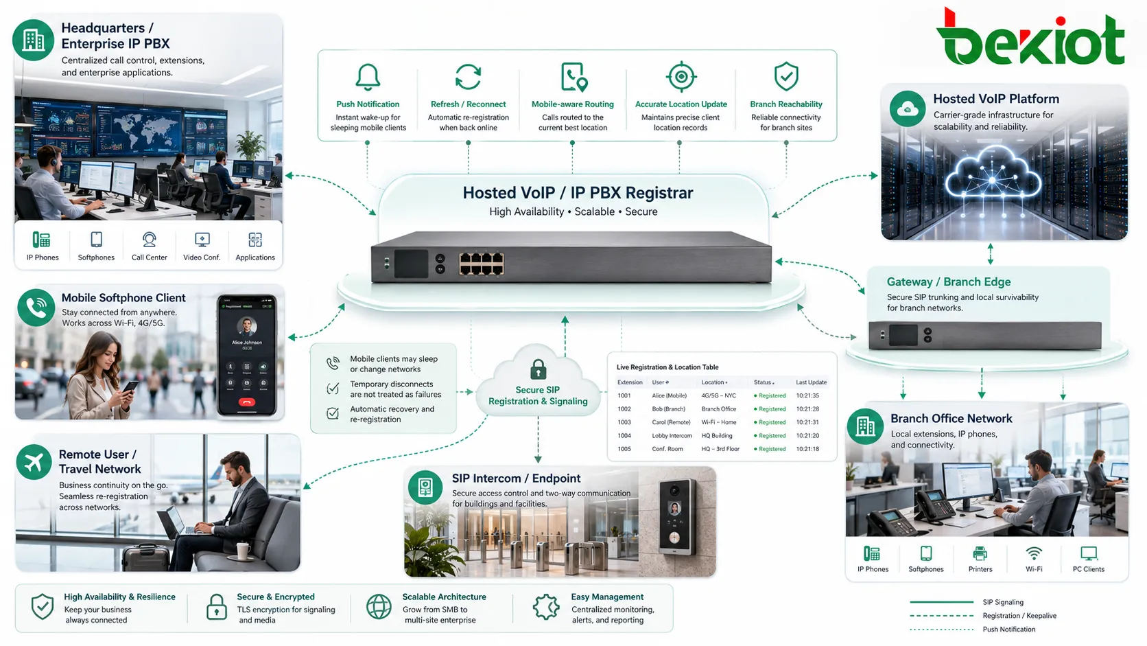 Applications du serveur Registrar dans IP PBX d’entreprise VoIP hébergée réseau de succursale softphone mobile et système d’interphonie SIP