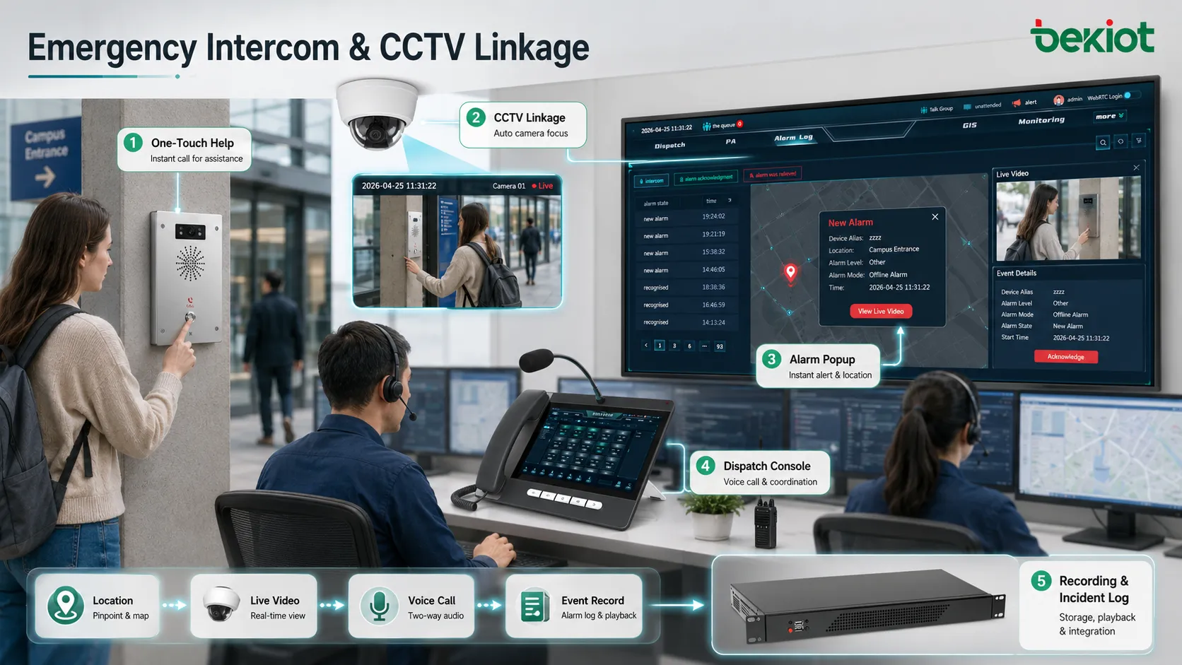 Terminal d’interphonie d’urgence relié à caméra CCTV carte GIS fenêtre d’alarme et console d’opérateur de régulation