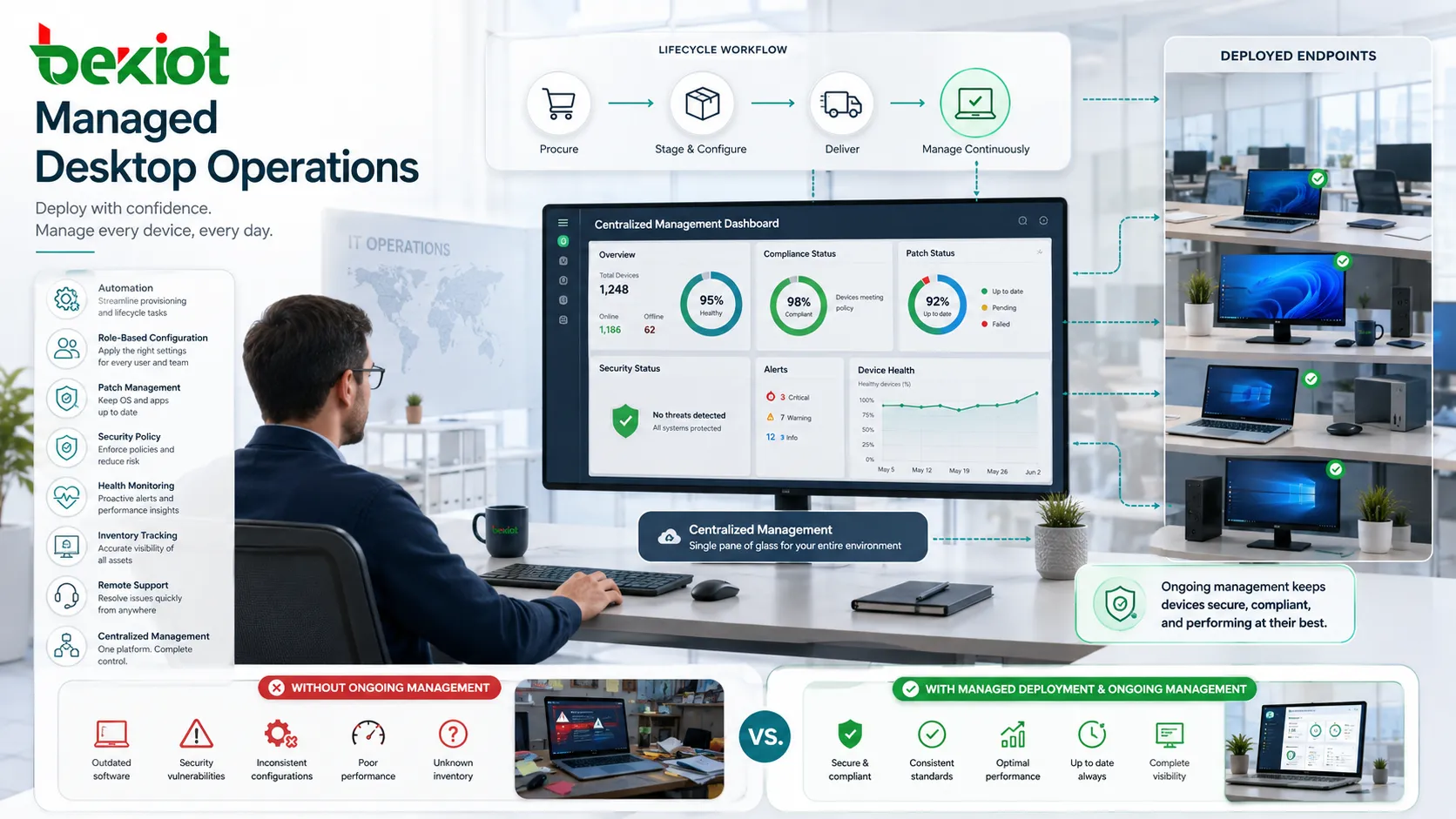 Déploiement de postes géré avec automatisation, configuration par rôles, gestion des correctifs, politique de sécurité et tableau de bord de assistance à distance
