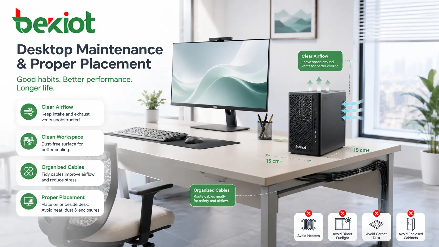 Maintenance du format de bureau avec poste propre espace de ventilation câbles organisés et bureau sans poussière