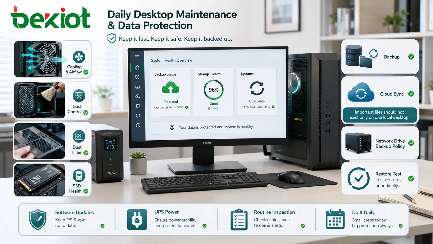 Liste de maintenance d’un ordinateur de bureau avec ventilateur filtre à poussière santé SSD sauvegarde UPS et tableau de mises à jour