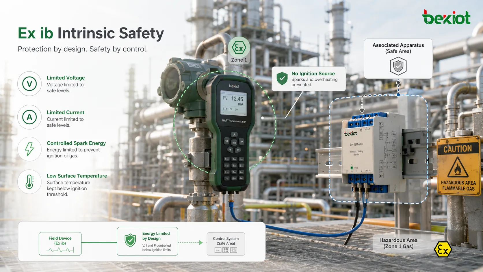 Concept de protection Ex ib sécurité intrinsèque limitant tension courant énergie d’étincelle et température de surface en zone gaz dangereuse