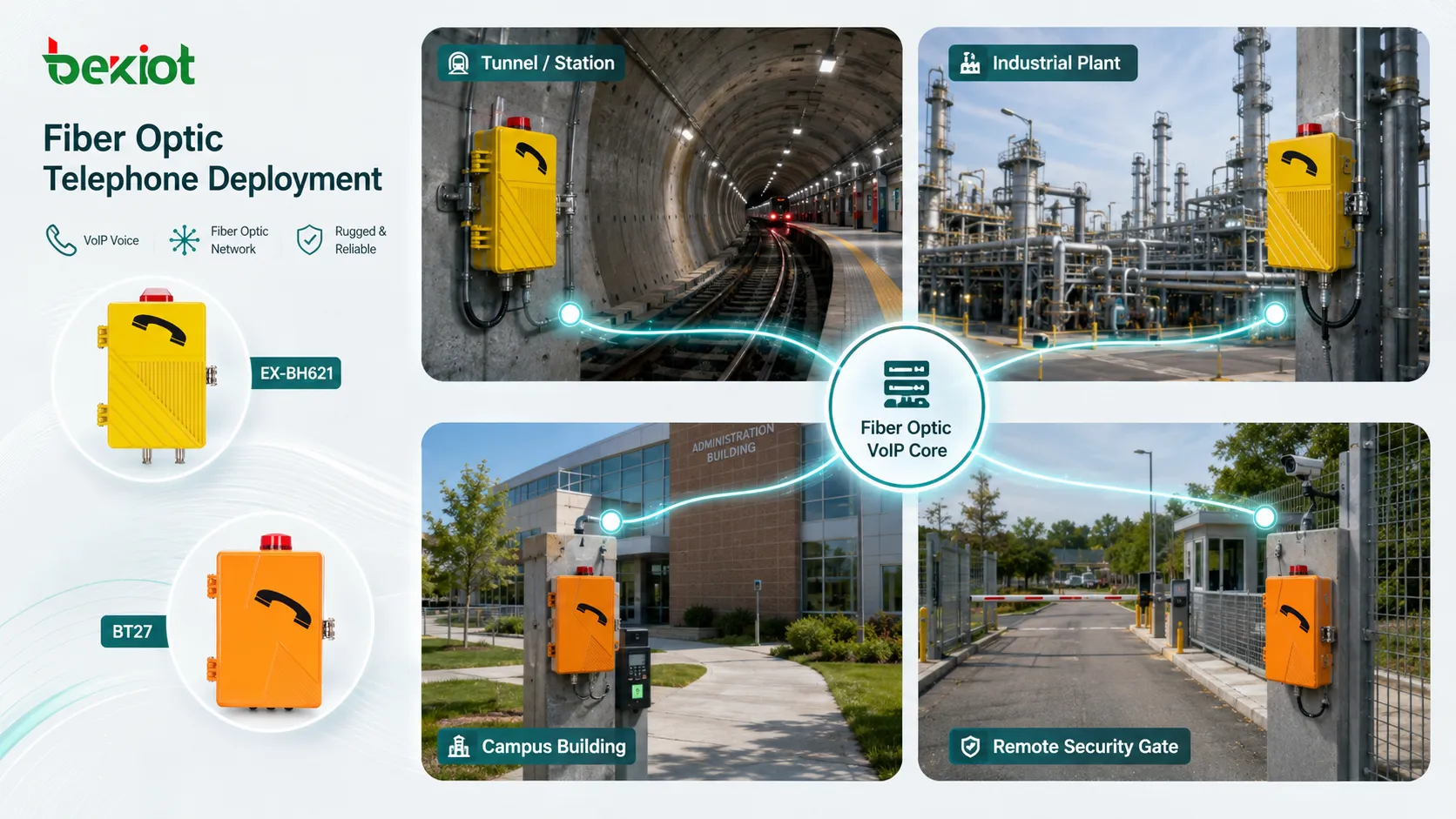 Déploiement de téléphones à fibre optique dans tunnel gare usine industrielle bâtiment de campus et portail de sécurité distant