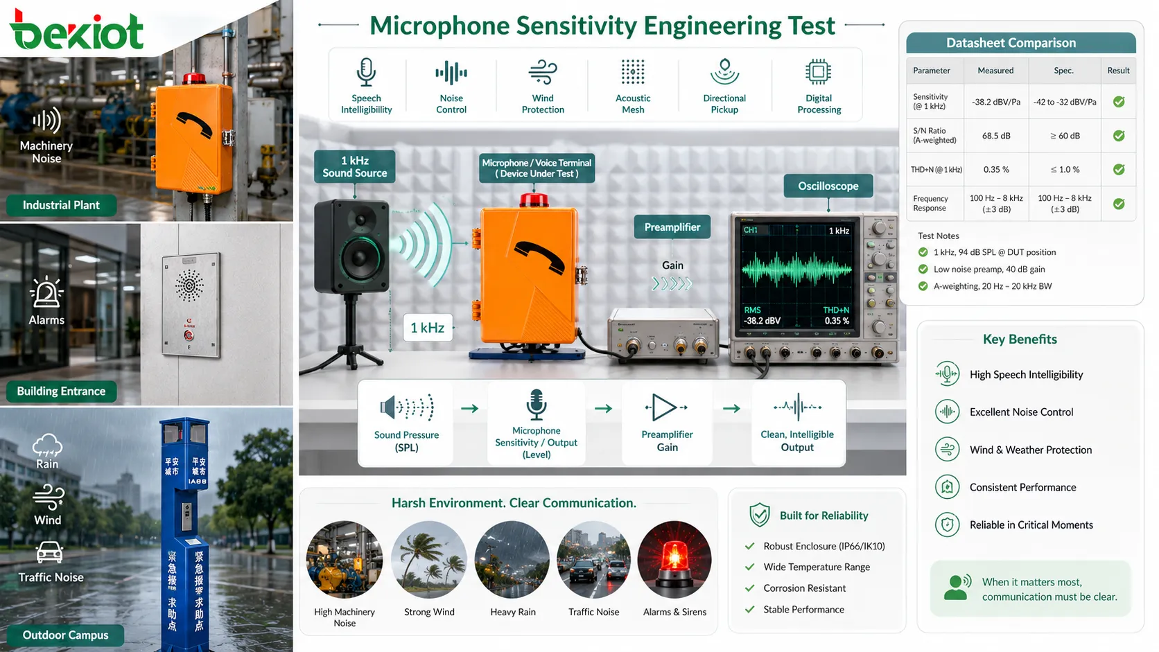 Test d’ingénierie de sensibilité de microphone avec chambre acoustique, source 1 kHz, préamplificateur, oscilloscope et comparaison de fiche technique
