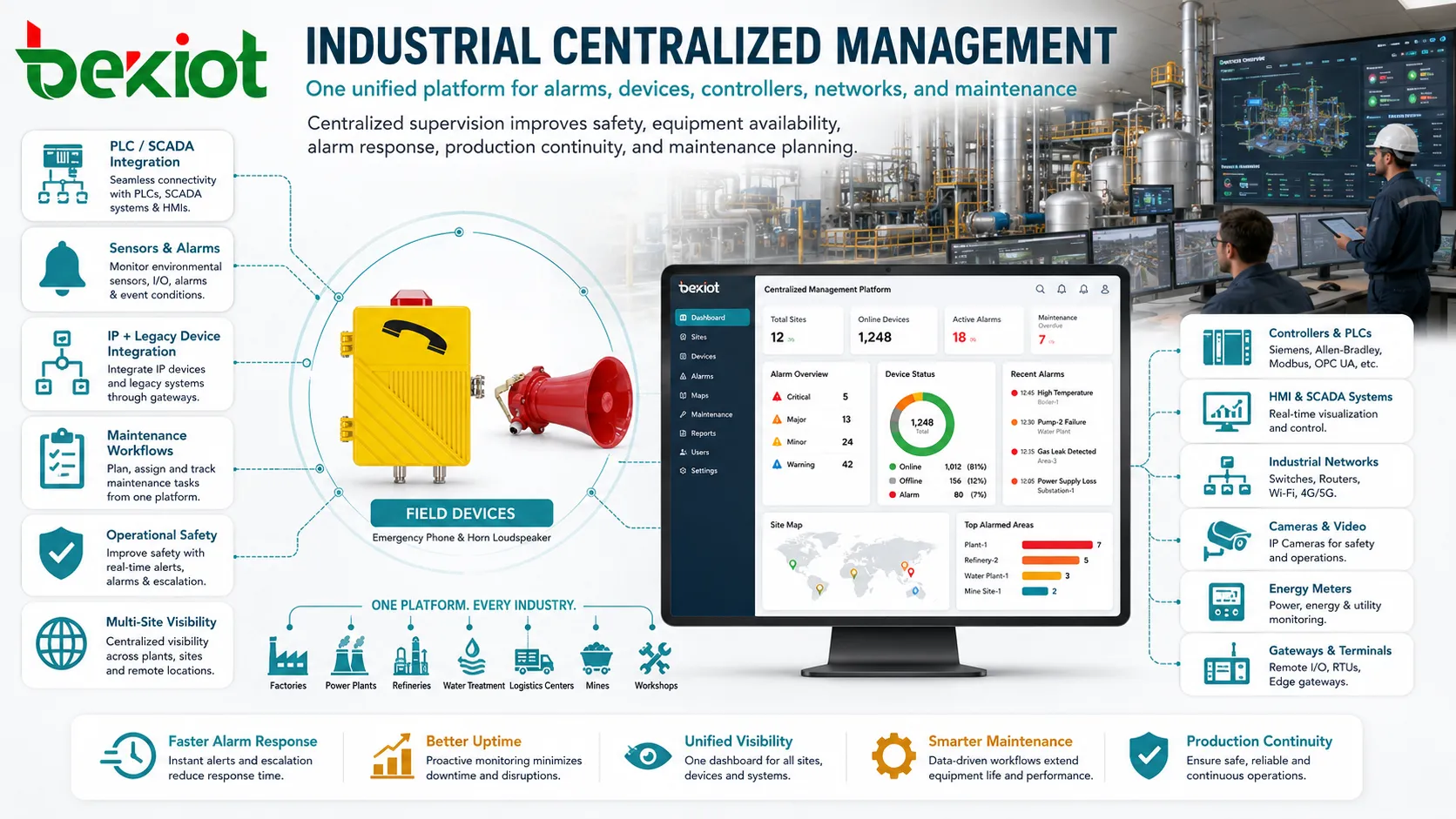 Gestion centralisée appliquée à une automatisation d’usine avec PLC capteurs équipements réseau industriels alarmes et tableau de maintenance