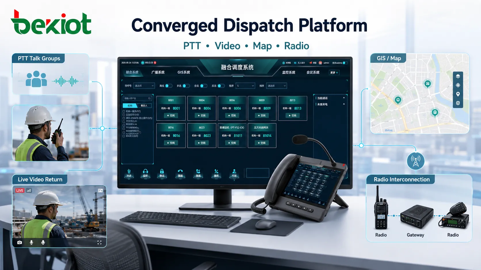 Plateforme de répartition convergée intégrant les groupes de conversation PTT, le retour vidéo, la carte électronique et l’interconnexion avec radio privée