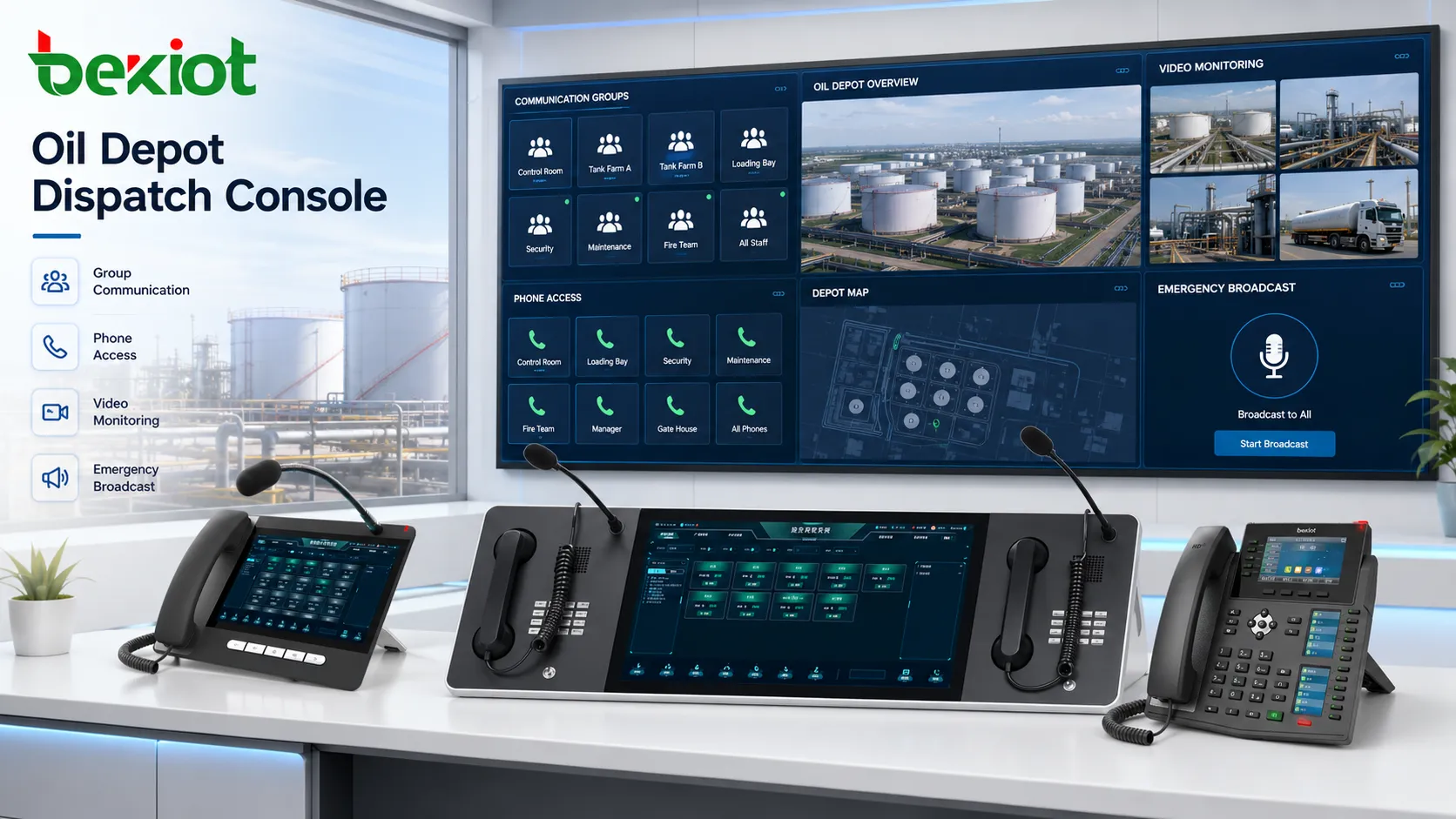 Console de répartition de dépôt pétrolier montrant les groupes de communication, l'accès téléphonique, la vidéosurveillance et le contrôle de diffusion d'urgence
