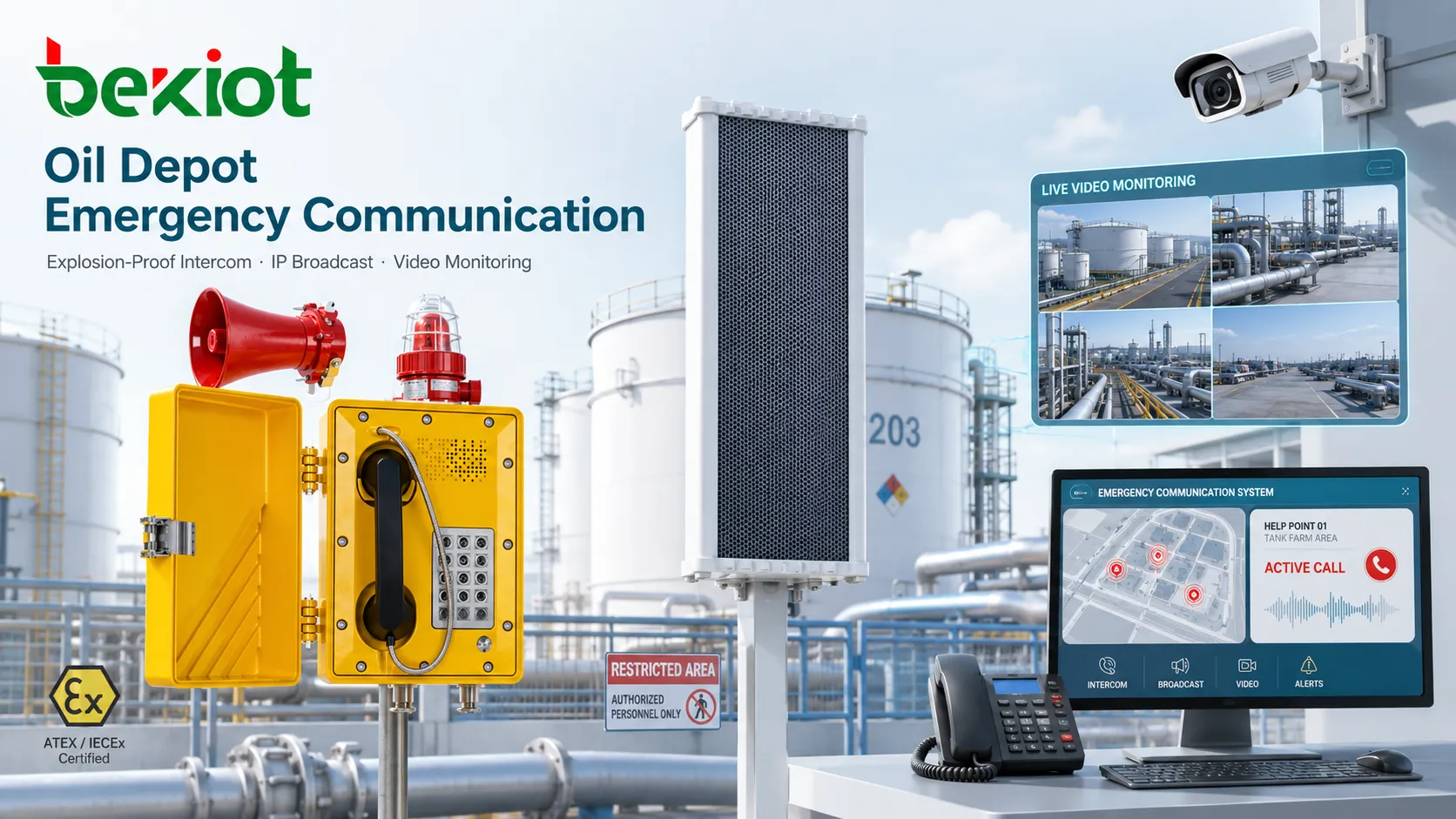 Point d'aide avec interphone antidéflagrant, cornet de diffusion IP et vidéosurveillance utilisés pour la communication d'urgence dans un dépôt pétrolier