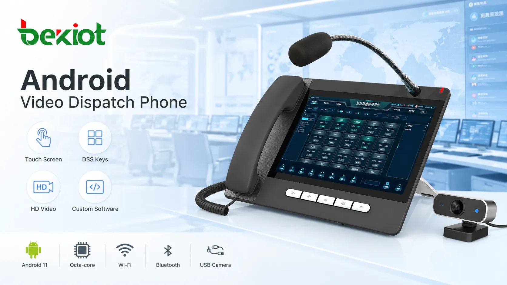 Téléphone de répartition vidéo Android avec écran tactile, microphone à col de cygne, touches DSS et caméra USB pour appels vidéo HD