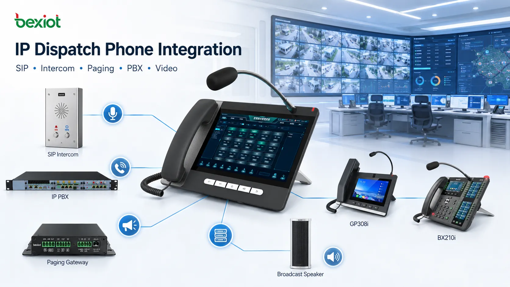 Téléphone IP de répartition intégré avec interphone SIP, IP PBX, passerelle de sonorisation, terminal vidéo et salle de contrôle de sécurité