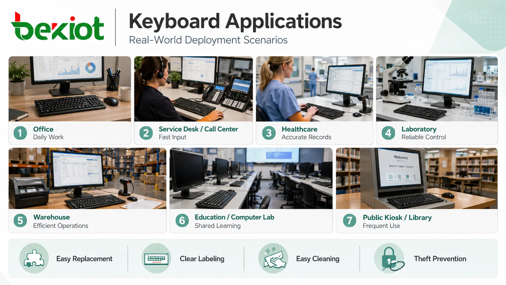 Applications du clavier en bureau centre d’appels santé laboratoire entrepôt kiosque public et salle informatique