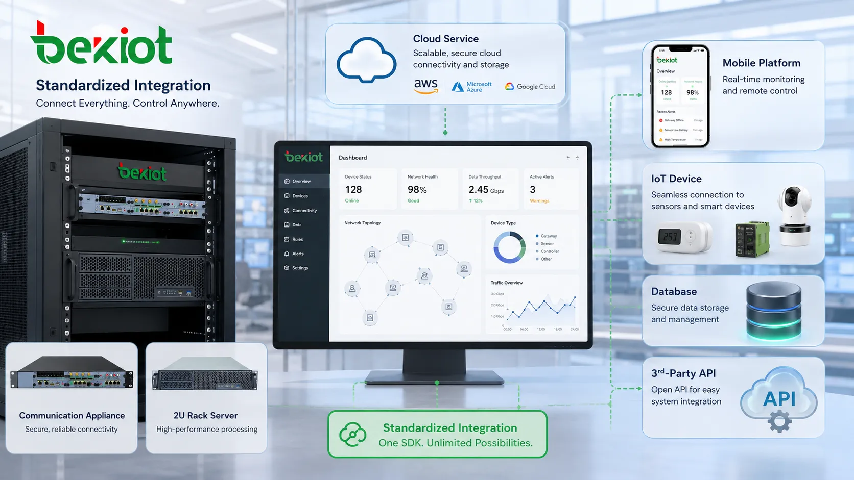 Avantages d’intégration du SDK montrant une application reliée à un service cloud, une plateforme mobile, un appareil IoT, une base de données et une API tierce