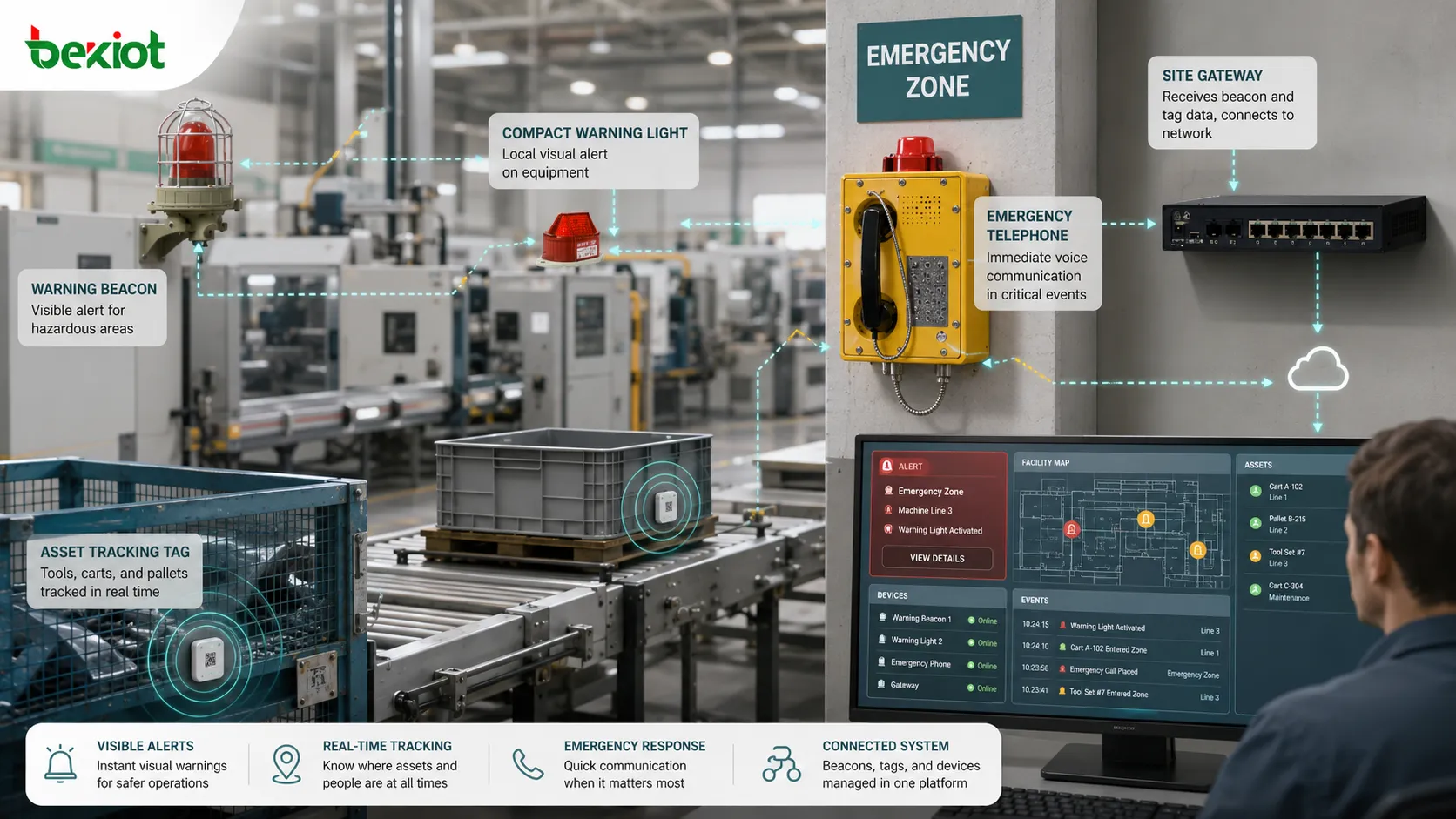 Déploiement de balise industrielle montrant un voyant d'avertissement sur une ligne de machine, une zone d'urgence, une étiquette de suivi d'actif, une passerelle et un tableau de bord opérateur
