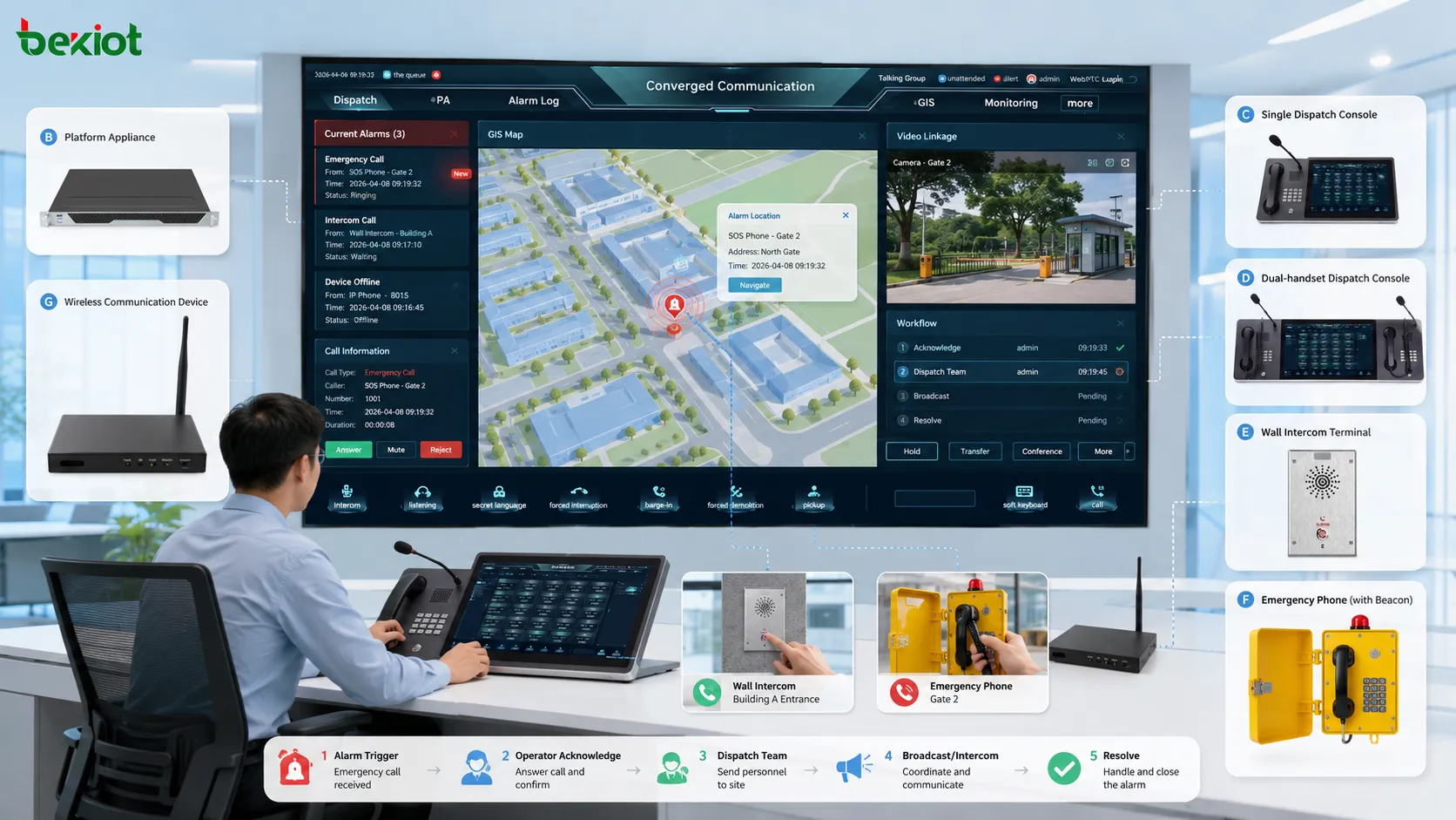 Supervision intégrée du dispatching avec appel vocal couplage vidéo carte SIG fenêtre d’alarme et flux de réponse opérateur