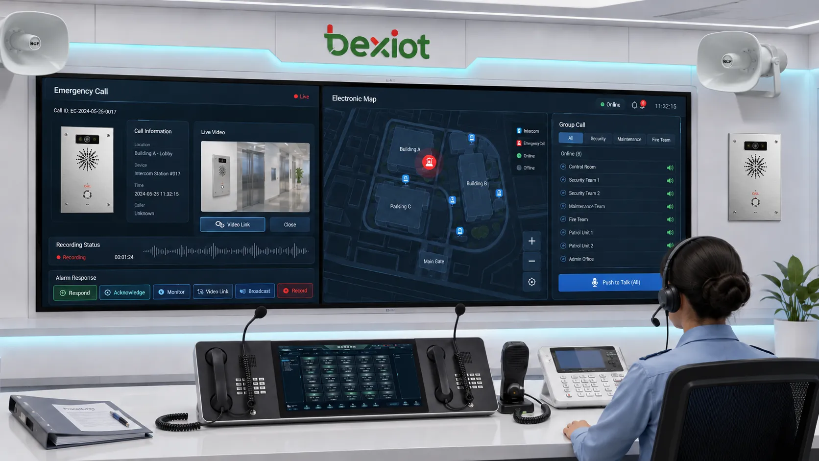 Interface de commandement de dispatching avec fenêtre d’urgence liaison vidéo carte électronique état d’enregistrement appel de groupe et boutons de réponse à l’alarme