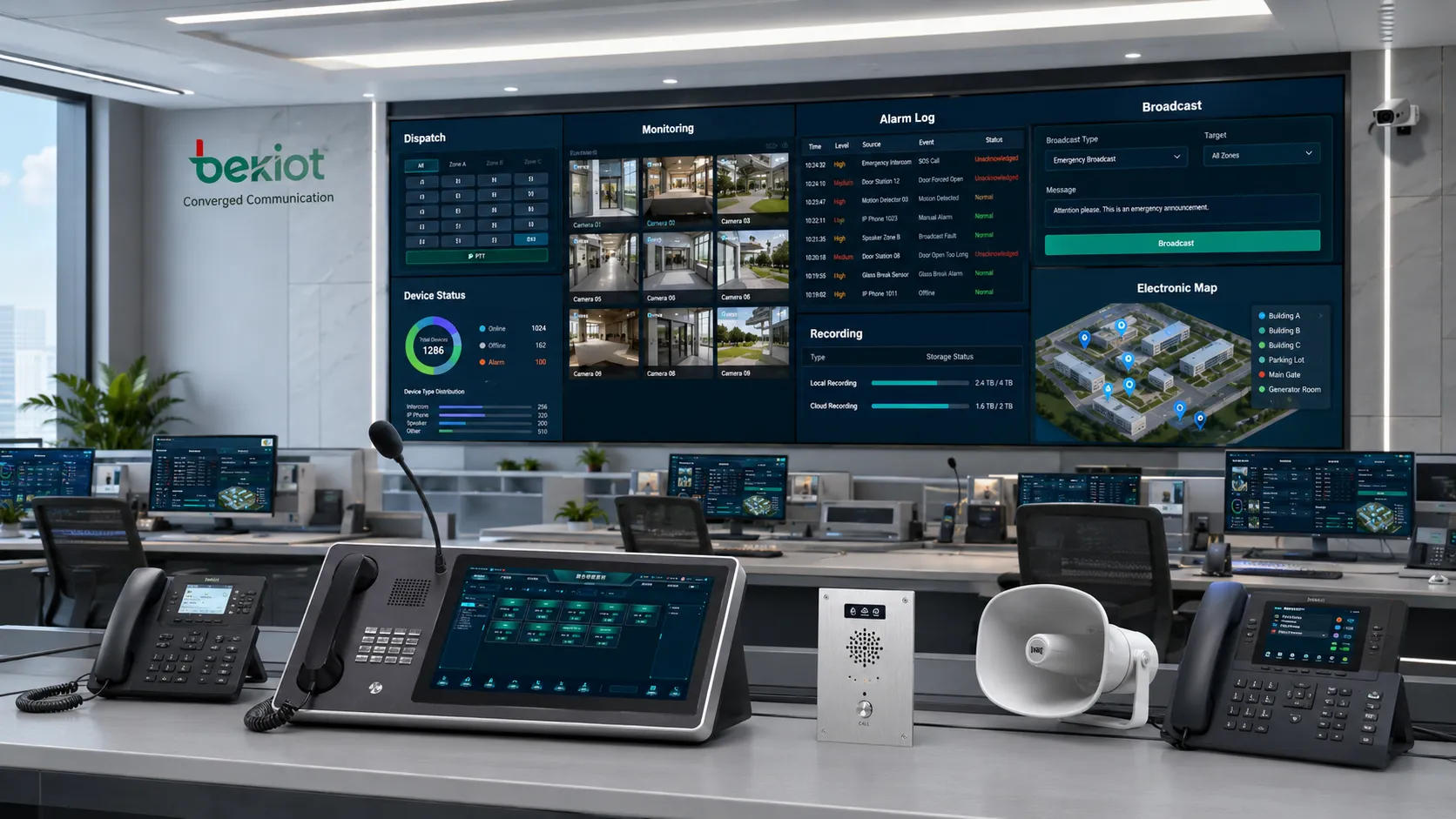 Centre de commandement multimédia avec console de dispatching téléphones IP interphone d’urgence haut-parleur de diffusion liaison d’alarme écran vidéo et carte électronique