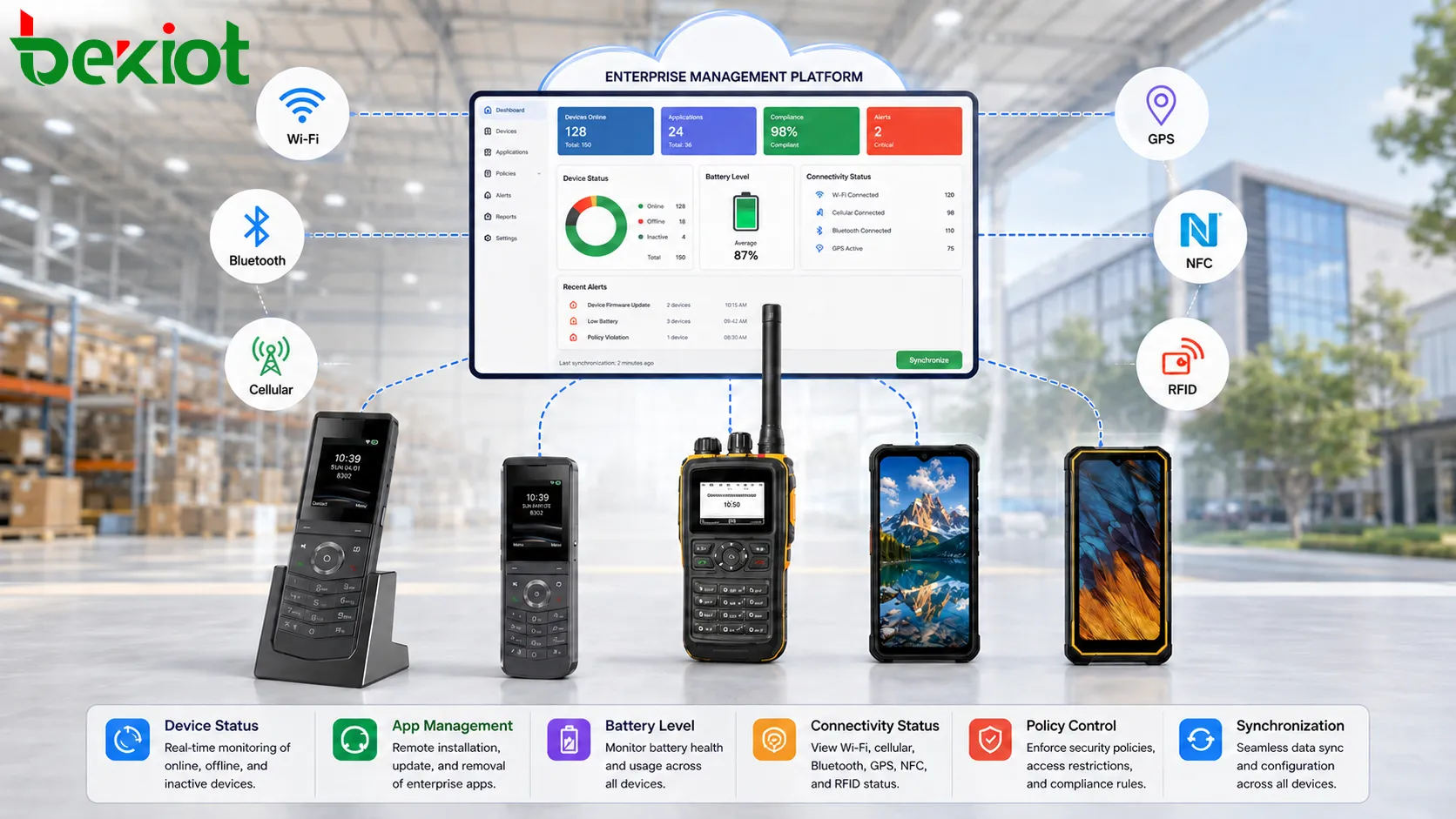 Schéma de connectivité d’un terminal portable montrant Wi-Fi, Bluetooth, réseau cellulaire, GPS, NFC, RFID et plateforme de gestion d’entreprise