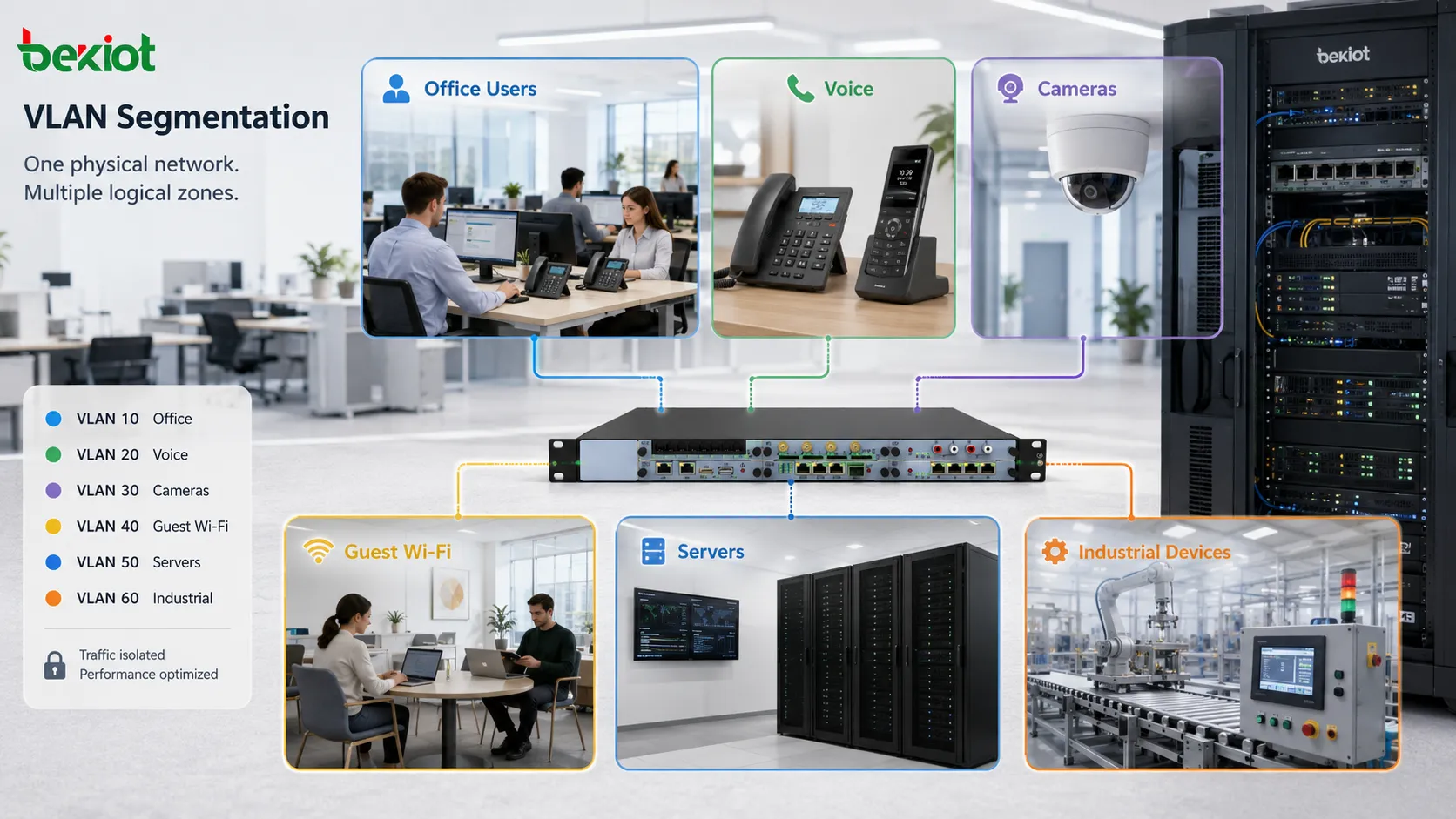 Concept de segmentation VLAN montrant utilisateurs de bureau téléphones IP caméras Wi-Fi invité serveurs et appareils industriels séparés en zones réseau logiques