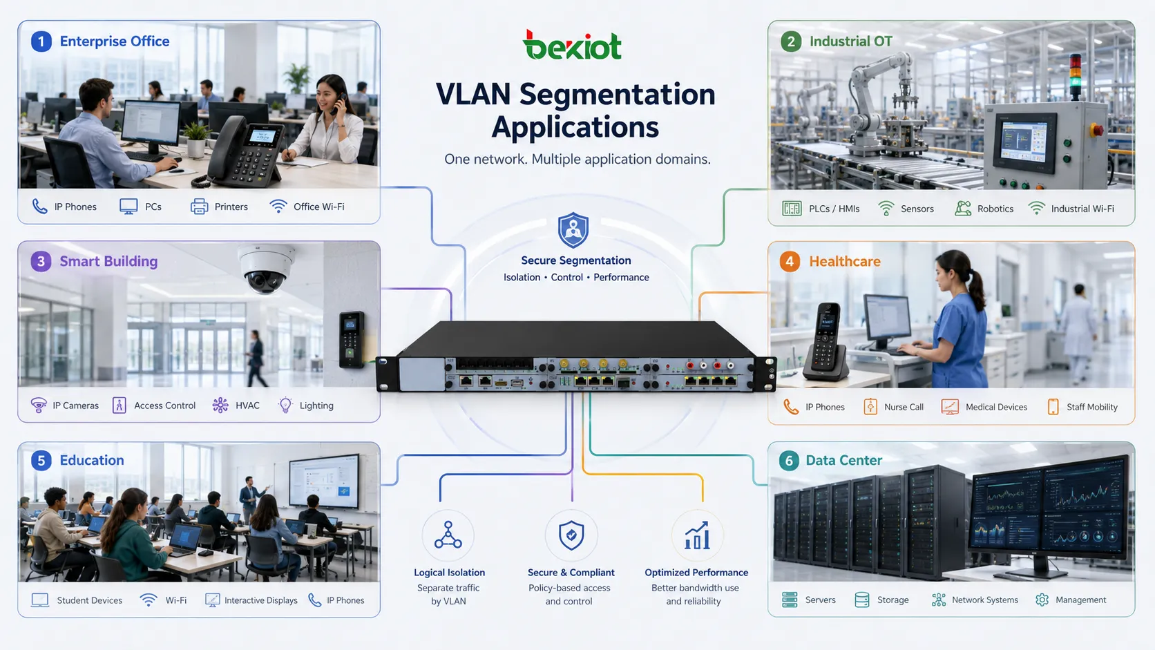 Applications de segmentation VLAN dans bureau d’entreprise OT industriel bâtiment intelligent santé éducation et conception de réseau de centre de données