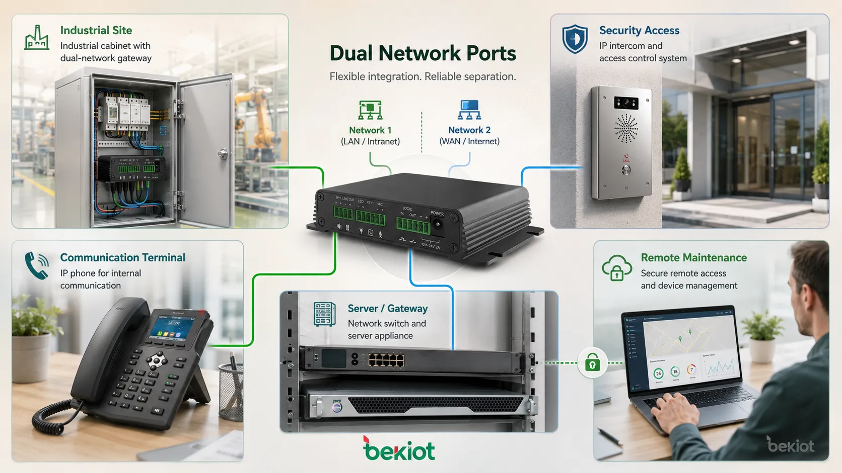 Applications de ports réseau doubles dans une armoire industrielle, un serveur, une passerelle, une caméra de sécurité, un terminal de communication et un poste de travail de maintenance à distance