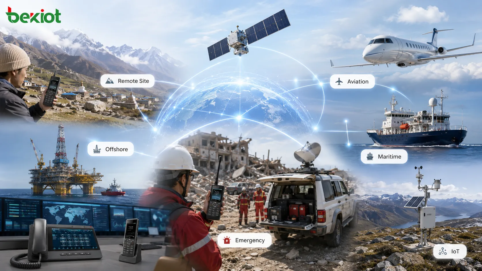 cas d’utilisation de communication satellite avec village isolé, plateforme offshore, avion, navire, véhicule de secours et réseau de capteurs IoT