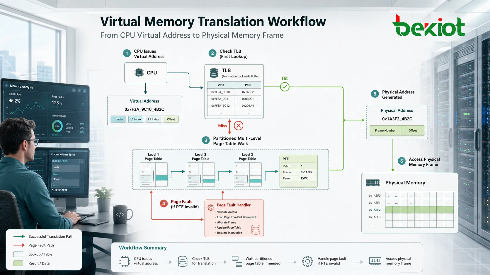 Flux de traduction de mémoire virtuelle avec adresse CPU, recherche TLB, parcours de table et cadre physique