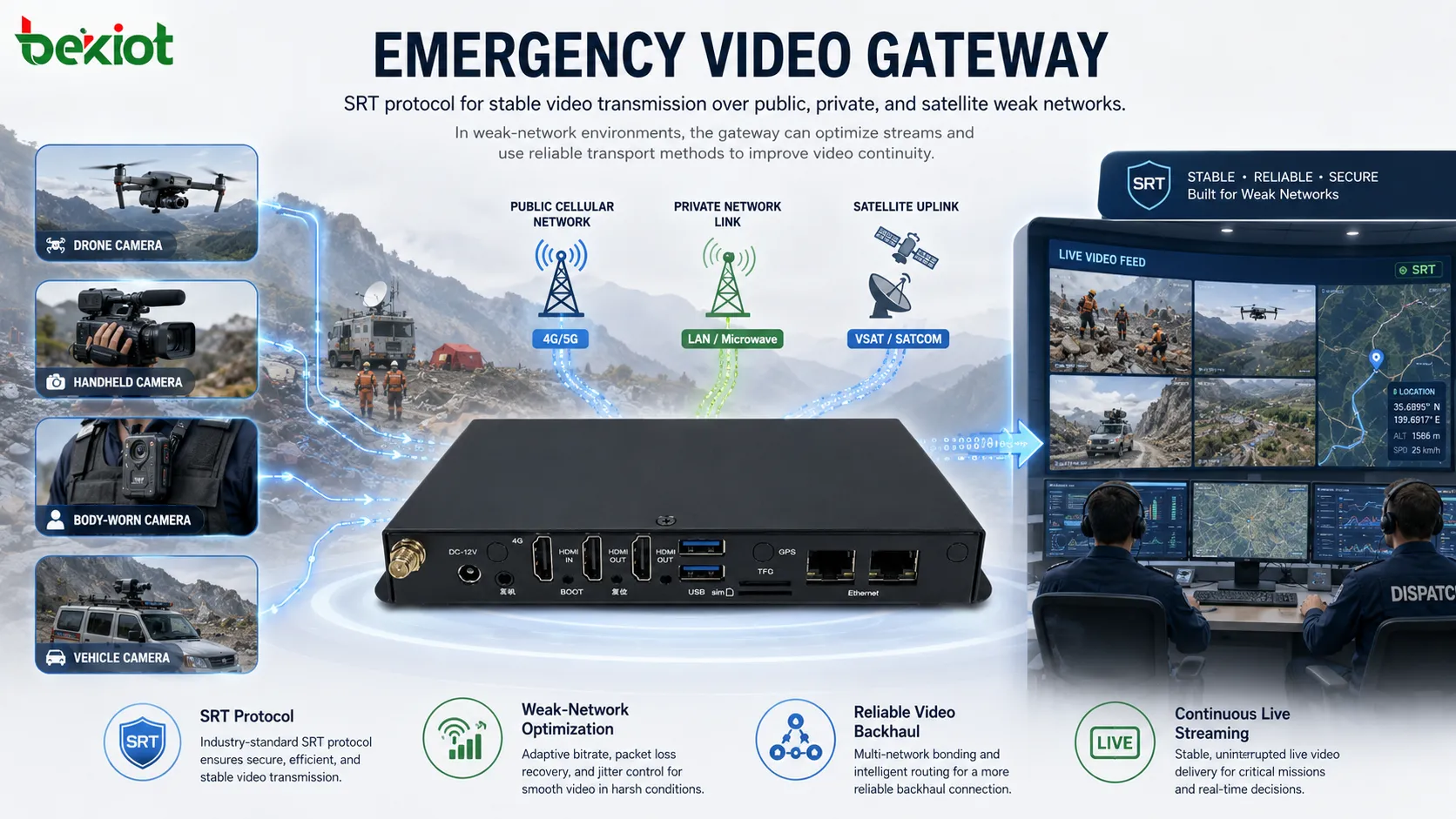 Passerelle vidéo d'urgence utilisant le protocole SRT pour une transmission vidéo stable sur des réseaux publics, privés et satellitaires faibles