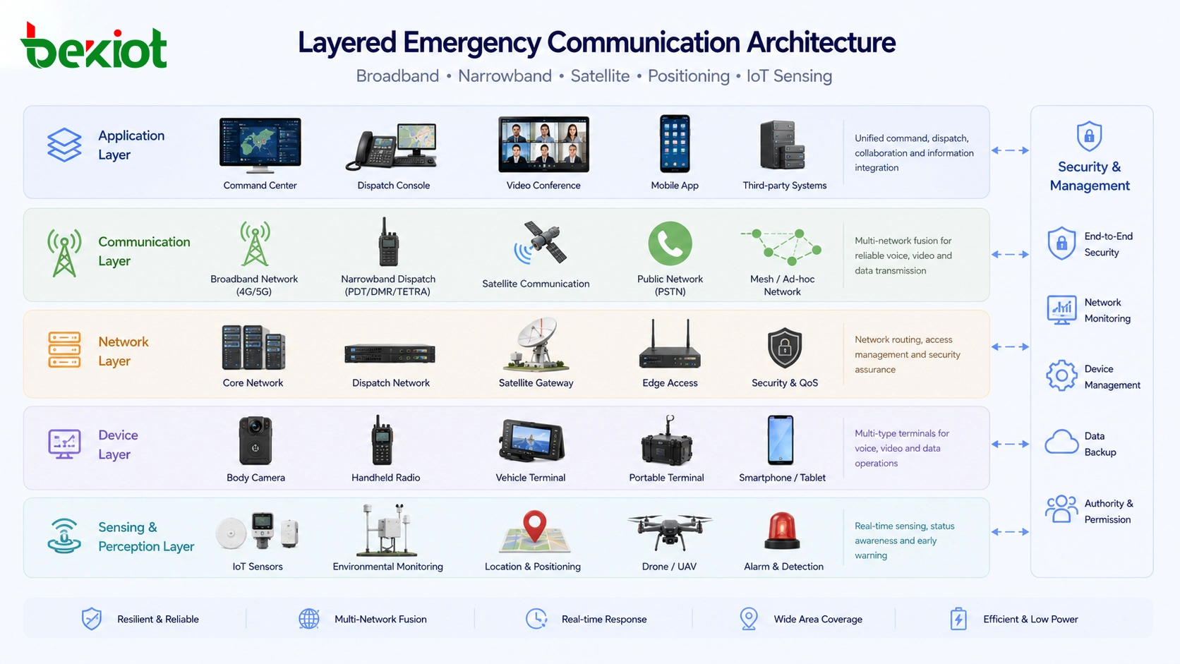 Architecture de communication d'urgence en couches avec réseaux large bande, répartition en bande étroite, liaisons par satellite et détection IoT